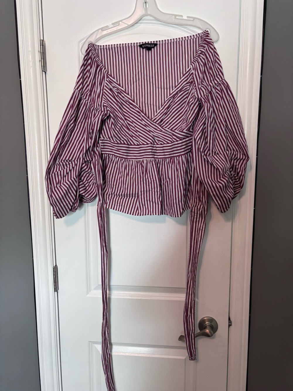 Express Purple and White Striped Wrap Top Size Medium